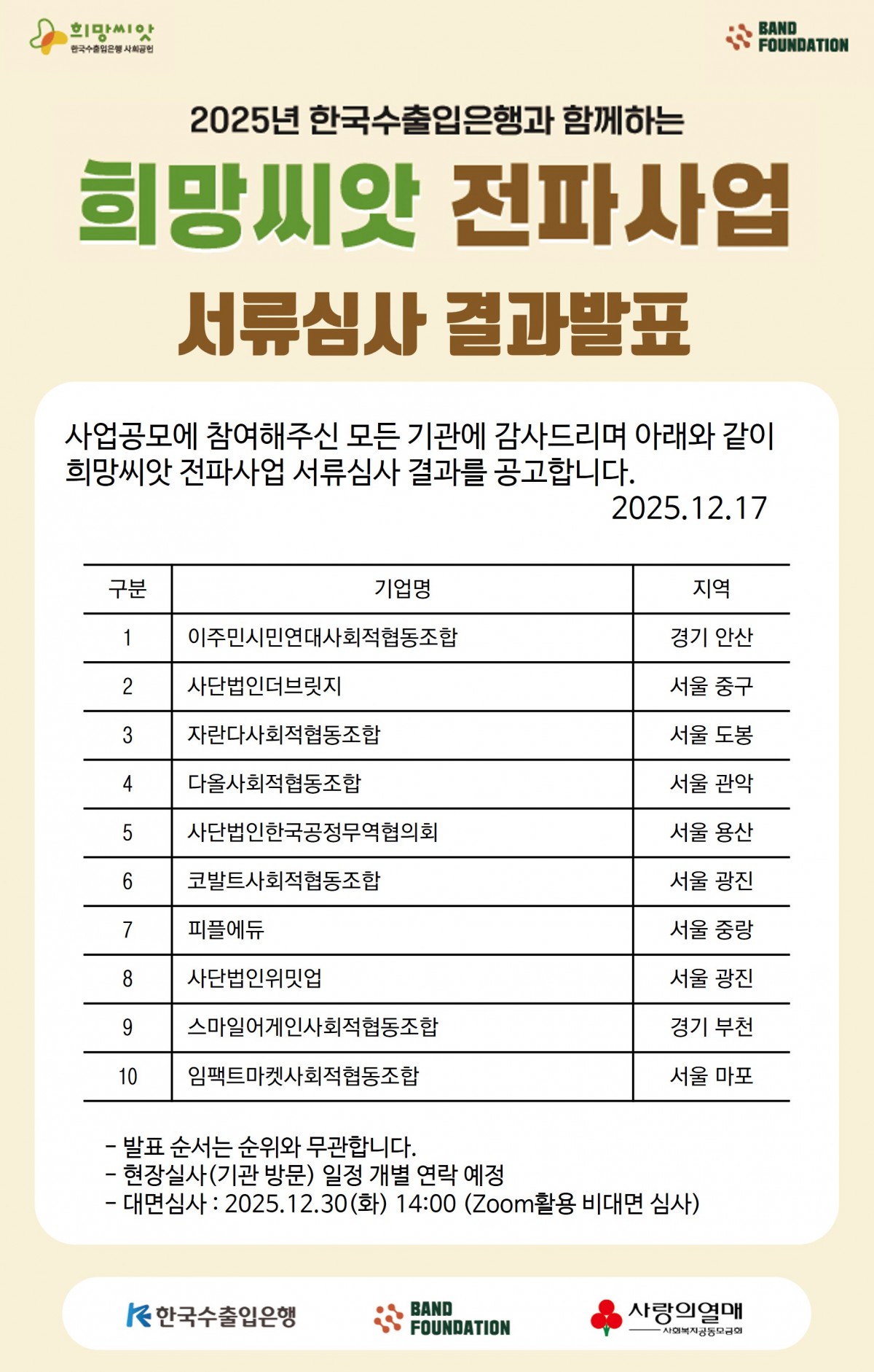2025년 한국수출입은행과 함께하는 희망씨앗전파사업 서류심사 결과 안내